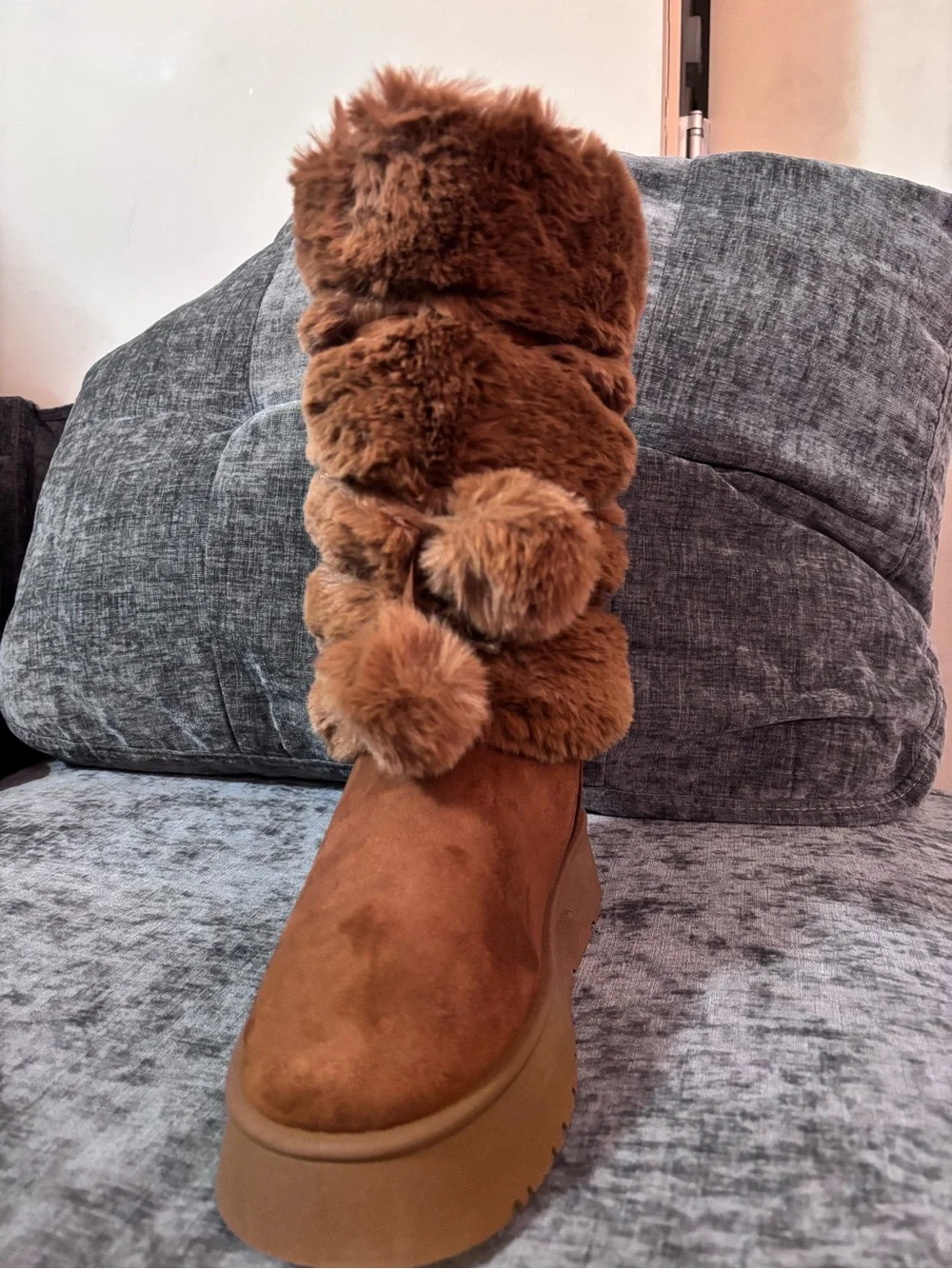 Women’s Faux-Fur Pom Pom Mid-Calf Boot in Cognac